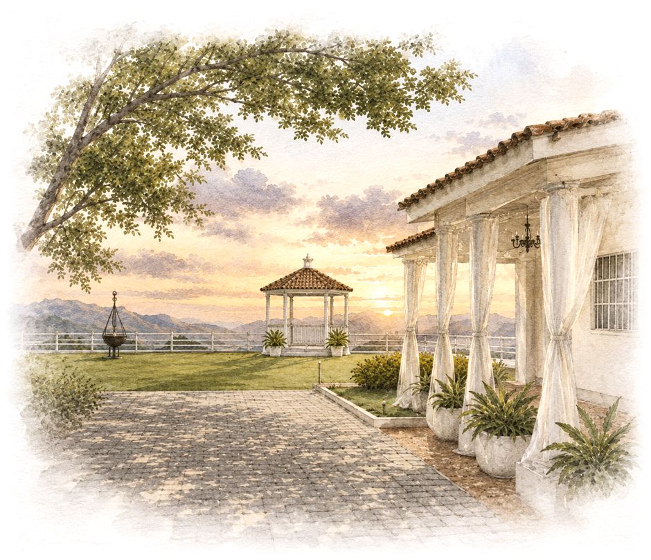 Acuarela de la Quinta Amazzonia: pérgola con cortinas, jardín y las montañas al atardecer.